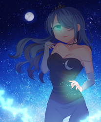 Size: 2322x2800 | Tagged: safe, artist:elinafox, princess luna, human, g4, breasts, busty princess luna, clothes, cloud, crown, fingerless gloves, full moon, gloves, glowing eyes, glowing hands, high res, humanized, jewelry, long gloves, looking at you, moon, regalia, sleeveless, smiling, stars