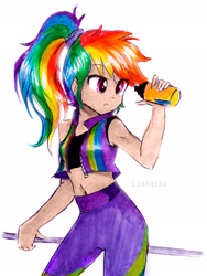 Size: 2322x3083 | Tagged: safe, artist:liaaqila, color edit, edit, editor:michaelsety, rainbow dash, equestria girls, g4, awesome, cute, dashabetes, female, gameloft interpretation, high res, human coloration, light skin, light skin edit, simple background, skin color edit, solo, traditional art, white background
