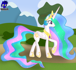 Size: 4154x3840 | Tagged: safe, artist:damlanil, princess celestia, alicorn, pony, g4, bush, clothes, cloud, crown, female, hoof shoes, horn, jewelry, mare, mountain, necklace, regalia, shoes, show accurate, solo, tree, vector, wings