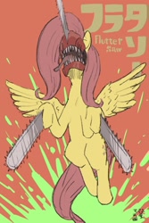 Size: 1024x1536 | Tagged: safe, artist:yanamosuda, fluttershy, pony, .mov, shed.mov, g4, chainsaw, chainsaw man, crossover, female, japanese, leaping, solo, teeth, tongue out, wat, wtf