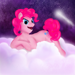 Size: 3000x3000 | Tagged: safe, artist:melody joy, pinkie pie, earth pony, pony, g4, cloud, female, high res, looking at you, lying down, mare, open mouth, smiling, solo, space