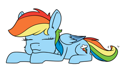 Size: 1200x715 | Tagged: safe, artist:dacaoo, rainbow dash, pegasus, pony, g4, eyes closed, female, lying down, simple background, sleeping, solo, white background