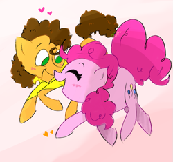 Size: 871x820 | Tagged: safe, artist:kirbyrainboom, cheese sandwich, pinkie pie, earth pony, pony, g4, blushing, colored sketch, female, gradient background, happy, heart, looking at each other, male, mare, open mouth, ship:cheesepie, shipping, signature, stallion, straight