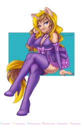 Size: 825x1275 | Tagged: safe, artist:bumblebun, oc, oc:sundaw, unicorn, anthro, anthro oc, boots, breasts, clothes, commission, female, high heels, horn, shoes, sitting, skirt, smiling, socks, thigh boots, thigh highs, unicorn oc