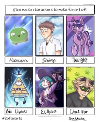 Size: 891x1060 | Tagged: safe, artist:just.chaira, twilight sparkle, alicorn, human, pony, g4, adrien agreste, bill cipher, bowtie, bust, clothes, costume, crossover, eclipsa butterfly, female, final space, gravity falls, hat, looking up, male, mare, mask, miraculous ladybug, mooncake (final space), neon genesis evangelion, paw prints, raised hoof, shinji ikari, six fanarts, speedpaint available, star vs the forces of evil, sun hat, top hat, twilight sparkle (alicorn), umbrella