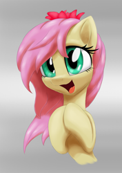 Size: 3157x4464 | Tagged: safe, artist:itchystomach, fluttershy, pegasus, pony, g4, bust, cute, digital art, female, flower, flower in hair, gradient background, happy, high res, hooves together, looking at you, mare, open mouth, portrait, shyabetes, smiling, solo, three quarter view