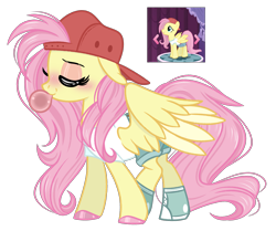 Size: 2799x2341 | Tagged: safe, artist:emberslament, fluttershy, pegasus, pony, g4, 90s grunge fluttershy, alternate hairstyle, backwards ballcap, baseball cap, bubblegum, cap, clothes, converse, eyes closed, eyeshadow, female, food, gameloft interpretation, gum, hat, high res, makeup, mare, screencap reference, shoes, shorts, simple background, sneakers, solo, thick eyelashes, transparent background, two toned wings, wings
