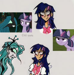Size: 2132x2139 | Tagged: safe, artist:citi, screencap, mean twilight sparkle, queen chrysalis, alicorn, changeling, changeling queen, human, pony, g4, the mean 6, clone, female, grin, high res, humanized, scene interpretation, screencap reference, smiling, uwu, you need me