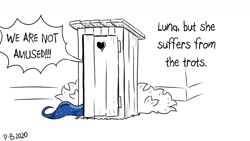 Size: 1200x675 | Tagged: safe, artist:pony-berserker, princess luna, pony-berserker's twitter sketches, g4, implied diarrhea, implied pooping, monochrome, outhouse, partial color, sketch, speech bubble, toilet humor, unamused