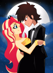 Size: 2370x3264 | Tagged: safe, artist:xan-gelx, sunset shimmer, oc, equestria girls, g4, bare shoulders, bedroom eyes, clothes, commission, dress, female, full moon, high res, holding hands, lidded eyes, looking at each other, male, moon, night, night sky, pants, sky, sleeveless, strapless, suit