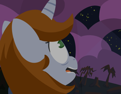 Size: 1920x1500 | Tagged: safe, artist:toshimatsu, derpibooru exclusive, oc, oc only, oc:littlepip, pony, unicorn, fallout equestria, dark, fanfic, fanfic art, female, horn, mare, night, open mouth, solo, stars, tree