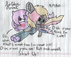 Size: 2676x2136 | Tagged: safe, artist:solder point, oc, oc only, oc:solder point, earth pony, pegasus, pony, blushing, clothes, colored wings, cute, dialogue, duo, embarrassed, female, flying, frown, gradient wings, high res, hoodie, male, mare, open mouth, ponies riding ponies, riding, shocked, signature, smiling, stallion, talking, traditional art, underhoof, wings
