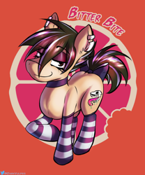 Size: 1000x1200 | Tagged: safe, artist:darkvulpes, oc, oc only, oc:bitter bite, earth pony, pony, bedroom eyes, bow, clothes, cutie mark, ear fluff, ear piercing, earring, eyebrows, eyebrows visible through hair, eyelashes, femboy, girly, goth, grapefruit, jewelry, looking at you, male, mascara, piercing, raised hoof, simple background, skull, smiling, smirk, socks, solo, stallion, stockings, striped socks, striped stockings, stripes, tail bow, thigh highs, trap
