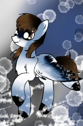 Size: 516x782 | Tagged: safe, artist:intfighter, oc, oc only, pegasus, pony, abstract background, colored hooves, pegasus oc, raised hoof, smiling, solo, wings