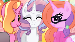 Size: 1920x1080 | Tagged: safe, artist:sallyso, luster dawn, potion nova, oc, oc:chemical sunshine, alicorn, pony, unicorn, icey-verse, g4, alicorn oc, blushing, clothes, coat, eyes closed, eyeshadow, family, female, glasses, horn, lesbian, lusternova, magical lesbian spawn, makeup, mare, mother and child, mother and daughter, offspring, parent:luster dawn, parent:potion nova, parents:lusternova, shipping, sweater, wings