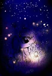 Size: 1507x2160 | Tagged: safe, artist:intfighter, oc, oc only, firefly (insect), insect, pony, grass, lantern, looking up, night, outdoors, smiling, solo, stars, traditional art