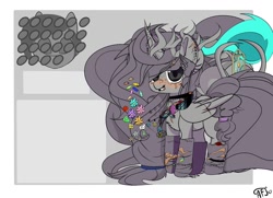 Size: 1280x927 | Tagged: safe, artist:intfighter, oc, oc only, alicorn, pony, alicorn oc, blushing, ear piercing, earring, eye scar, flower, flower in hair, freckles, grin, horn, jewelry, piercing, scar, signature, smiling, solo, wings