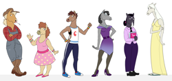 Size: 3968x1888 | Tagged: safe, artist:varwing, applejack, fluttershy, pinkie pie, rainbow dash, rarity, twilight sparkle, horse, anthro, g4, blouse, bojack horseman, boots, chubby, clothes, converse, cowboy hat, crossover, dress, female, hat, hoers, jewelry, mane six, mare, overalls, redesign, shirt, shoes, sports bra, style emulation, tallershy, tank top