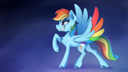 Size: 1920x1080 | Tagged: safe, artist:shadowblazearts, rainbow dash, pegasus, pony, blue background, chest fluff, colored hooves, colored wings, colored wingtips, female, grin, mare, profile, raised hoof, signature, simple background, smiling, solo, spread wings, wings