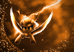 Size: 3508x2480 | Tagged: safe, artist:confetticakez, lightning dust, pegasus, pony, g4, cloud, female, flying, gold colored, high res, lightning, mare, monochrome, sky, solo, spread wings, wings