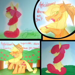 Size: 1000x1000 | Tagged: safe, artist:php163, apple bloom, applejack, earth pony, pony, g4, applejack's hat, colored sketch, comic, cowboy hat, dialogue, digital art, female, frown, hat, hidden eyes, mare, signature, simple background, sitting, wip, yelling