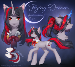 Size: 1300x1159 | Tagged: safe, artist:margony, oc, oc only, oc:flydry, oc:flying dream, pony, unicorn, bow, bowtie, bust, hair bow, ponytail, red and black oc, reference sheet, ribbon bow tie, solo
