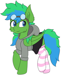 Size: 4139x5076 | Tagged: safe, alternate version, artist:skylarpalette, oc, oc only, oc:shockie, pegasus, pony, blue eyes, cheek fluff, clothes, colored, crossdressing, cute, ear fluff, flat colors, fluffy, goggles, green fur, happy, hoodie, long tail, looking back, male, pegasus oc, short shirt, simple background, skirt, smiling, socks, solo, stallion, transparent background, walking, wings