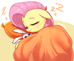 Size: 3300x2760 | Tagged: safe, artist:maren, fluttershy, pegasus, pony, rabbit, g4, animal, blanket, cute, eyes closed, female, floppy ears, high res, mare, onomatopoeia, pillow, plushie, shyabetes, sleeping, solo, sound effects, zzz
