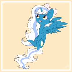 Size: 1920x1925 | Tagged: safe, artist:serinabeauty, oc, oc:fleurbelle, alicorn, pony, adorabelle, alicorn oc, bow, chibi, female, flying, hair bow, horn, looking up, mare, simple background, wingding eyes, wings, yellow background, yellow eyes