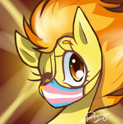 Size: 482x484 | Tagged: safe, artist:kaywhitt, spitfire, pegasus, pony, g4, commission, coronavirus, covid-19, face mask, female, jewelry, mare, mask, one eye closed, pansexual pride flag, pride, pride flag, solo, trans female, transgender, transgender pride flag, wink, ych result