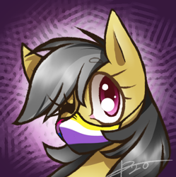 Size: 482x484 | Tagged: safe, artist:kaywhitt, daring do, pegasus, pony, g4, bisexual pride flag, commission, coronavirus, covid-19, face mask, female, gender headcanon, headcanon, jewelry, lgbt headcanon, mask, nonbinary, nonbinary pride flag, one eye closed, pride, pride flag, sexuality headcanon, solo, wink, ych result