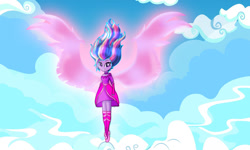 Size: 1240x745 | Tagged: safe, artist:sarahmyriacarter, edit, twilight sparkle, angel, equestria girls, g4, christianity in the source, clothes, commission, commissioner:sarsath, description is relevant, dress, female, religion in the source, solo, twilight shine, wings