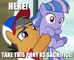 Size: 1333x1077 | Tagged: safe, edit, edited screencap, screencap, quibble pants, wind sprint, earth pony, pegasus, pony, common ground, g4, caption, cropped, duo, family, father and child, father and daughter, female, filly, holding a pony, image macro, male, stallion, text