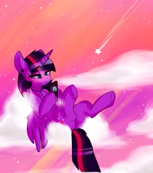 Size: 3000x3400 | Tagged: safe, artist:h0rsefeathers, twilight sparkle, alicorn, pony, g4, cellphone, cloud, earbuds, female, high res, mare, phone, shooting star, smartphone, smiling, solo, stars, twilight sparkle (alicorn), underhoof