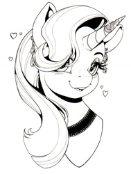 Size: 1007x1329 | Tagged: safe, artist:longinius, starlight glimmer, pony, unicorn, g4, accessory, blushing, bust, choker, ear piercing, earring, female, filagree, heart, heart eyes, horn, horn jewelry, jewelry, looking at you, monochrome, piercing, portrait, simple background, solo, white background, wingding eyes