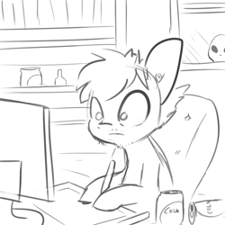 Size: 2250x2250 | Tagged: safe, artist:tjpones, oc, oc only, oc:tjpones, earth pony, pony, ayy lmao, computer, computer screen, drawing tablet, five o'clock shadow, grayscale, high res, hoof hold, male, monochrome, soda can, solo, stallion, stubble, stylus