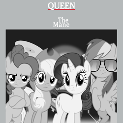 Size: 2000x2000 | Tagged: safe, artist:dashiesparkle, artist:grapefruitface1, applejack, pinkie pie, rainbow dash, rarity, g4, album cover, aviator sunglasses, bipedal, black and white, crossed arms, drum kit, drums, grayscale, high res, looking at you, monochrome, musical instrument, parody, ponified, ponified album cover, queen (band), rock (music), show accurate, sunglasses