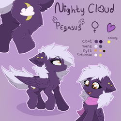 Size: 2100x2100 | Tagged: safe, artist:nighty, oc, oc only, oc:nighty cloud, pegasus, pony, cheek fluff, chest fluff, clothes, colored pupils, cutie mark, ear fluff, ear piercing, earring, featureless crotch, female, flank, fluffy, frown, jewelry, mare, open mouth, piercing, pink background, reference sheet, scarf, simple background, smiling, tail, trotting, wings, yellow eyes