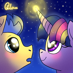 Size: 1024x1024 | Tagged: safe, artist:northernlightsone, flash sentry, twilight sparkle, alicorn, pegasus, pony, g4, blushing, female, glowing horn, horn, magic, male, mare, night, open mouth, ship:flashlight, shipping, sky, stallion, stars, straight, twilight sparkle (alicorn)