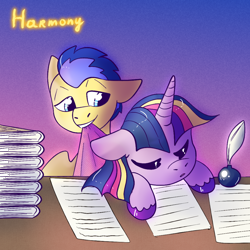 Size: 1024x1024 | Tagged: safe, artist:northernlightsone, flash sentry, twilight sparkle, alicorn, pegasus, pony, g4, blanket, book, desk, eyes closed, feather, female, inkwell, male, mare, mouth hold, paper, quill, ship:flashlight, shipping, sleeping, stallion, straight, tired, twilight sparkle (alicorn), unshorn fetlocks