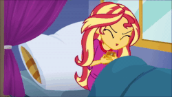 Size: 1920x1080 | Tagged: safe, edit, edited screencap, editor:someguy845, screencap, sound edit, kiwi lollipop, sunset shimmer, supernova zap, equestria girls, equestria girls series, g4, sunset's backstage pass!, spoiler:eqg series (season 2), 80s, alarm, animated, bed, cellphone, changing clothes, clothes, female, k-lo, music, pajamas, phone, pillow, postcrush, smartphone, sound, su-z, waking up, webm