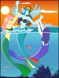 Size: 1700x2264 | Tagged: safe, artist:physicrodrigo, part of a set, fluttershy, rainbow dash, rarity, angler fish, fish, mermaid, series:equestria mermaids, equestria girls, g4, absolute cleavage, arm grab, armpits, arms in the air, belly button, bra, breasts, cleavage, ear fins, female, fin wings, gritted teeth, hands in the air, mermaidized, mermarity, one eye closed, part of a series, scp foundation, seashell bra, spanish, species swap, splashing, story included, struggling, sunset, surfacing, topless, trio, underwater, wings