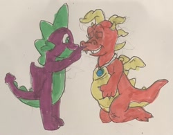 Size: 1280x996 | Tagged: safe, artist:walkerstar, spike, dragon, g4, baby, baby dragon, boop, cassie (dragon tales), casspike, crossover, crossover shipping, dragon tales, dragoness, duo, eyes closed, female, male, shipping, simple background, smiling, straight, traditional art, white background, winged spike, wings