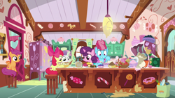 Size: 1920x1080 | Tagged: safe, screencap, apple bloom, cup cake, scootaloo, sugar belle, sweetie belle, earth pony, pegasus, pony, unicorn, g4, the big mac question, apple bloom's bow, bag, baking, bow, cutie mark crusaders, dough, ear piercing, earring, female, filly, foal, glowing, glowing horn, gritted teeth, hair bow, horn, jewelry, magic, magic aura, mare, piercing, shopping bag, sitting, smiling, spread wings, stool, sugarcube corner, teeth, telekinesis, the cmc's cutie marks, wings