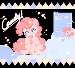 Size: 1054x956 | Tagged: safe, artist:snowillusory, pinkie pie, earth pony, pony, g4, candy, chest fluff, cute, diapinkes, female, food, heart, looking at you, mare, nutrition facts, one eye closed, sitting, solo, stars, wink