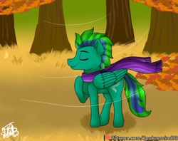Size: 1024x811 | Tagged: safe, artist:spokenmind93, oc, oc only, oc:gale twister, pegasus, pony, autumn, breeze, clothes, leaves, scarf, solo, tree