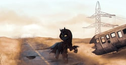 Size: 1241x644 | Tagged: safe, artist:hagalazka, oc, oc only, oc:hoofston, changeling, pony, fallout equestria, car, cloak, clothes, cloud, cloudy, commission, complex background, dagger, destroyed, dust, fallout equestria oc, hoodie, knife, male, power line, pylon, road, sky, solo, van, walking, wasteland, weapon, wreckage, ych result, yellow eyes