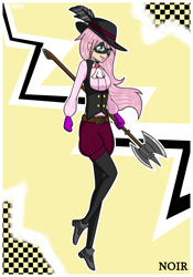 Size: 1750x2500 | Tagged: safe, artist:banquo0, fluttershy, human, art pack:my little persona ii, g4, axe, belt, clothes, feather, female, gloves, haru okumura, hat, humanized, mask, noir, persona, persona 5, phantom thief, phantom thieves, shoes, solo, vest, weapon
