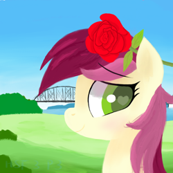 Size: 1000x1000 | Tagged: safe, artist:hsf, roseluck, earth pony, pony, g4, blushing, bridge, bust, female, flower, heart, heart eyes, looking at you, outdoors, rose, solo, wingding eyes