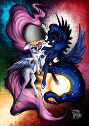 Size: 877x1240 | Tagged: safe, artist:calena, princess celestia, princess luna, alicorn, pony, g4, abstract background, angry, crown, crying, hoof shoes, horn, horseshoes, jewelry, looking at each other, moon, regalia, relationship, scared, spread wings, sun, wings